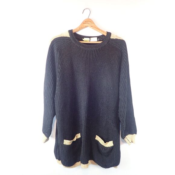 Oui Designer Collection Vintage Sweater Black 80s Gold Accents Small Oversized - Picture 1 of 10